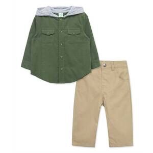 NEW LITTLE ME boys cotton hooded shirt & pants set in green/ beige